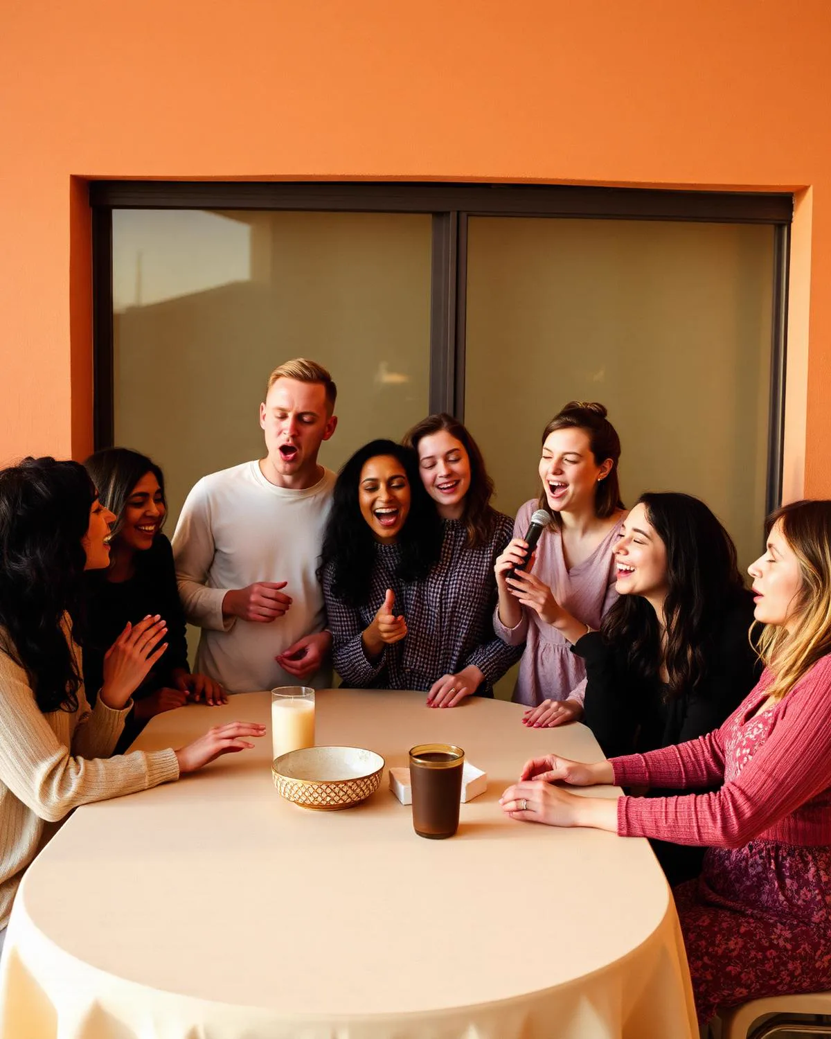 Group of friends singing together with headphones