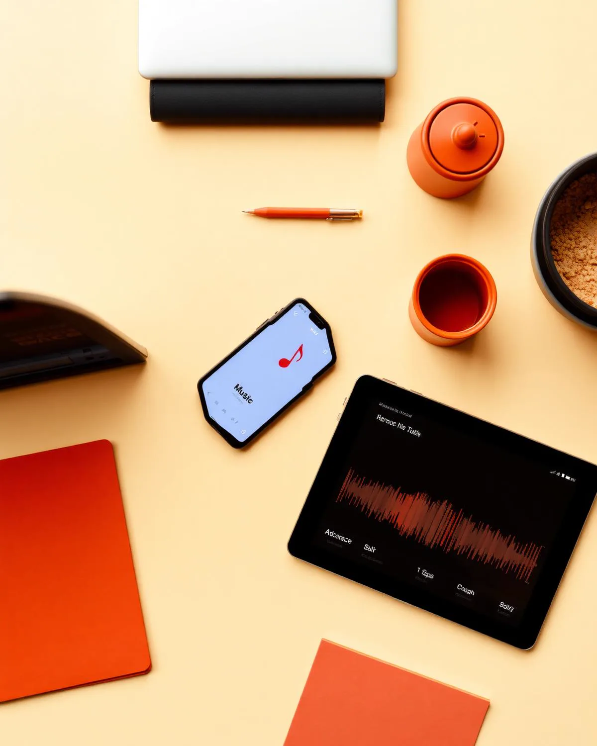 Flat lay of a laptop, phone, headphones and cassettes