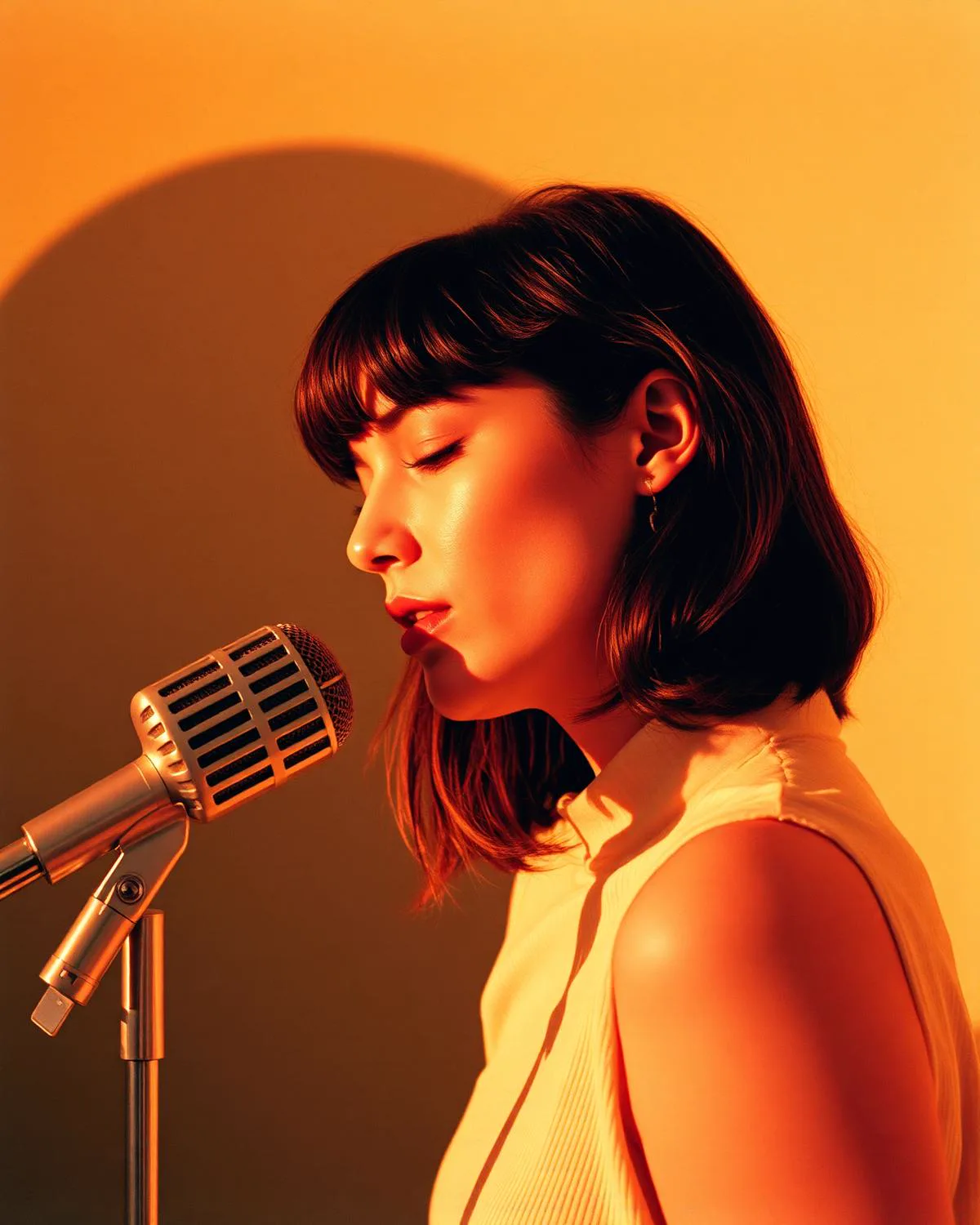 Singer performing into a vintage microphone