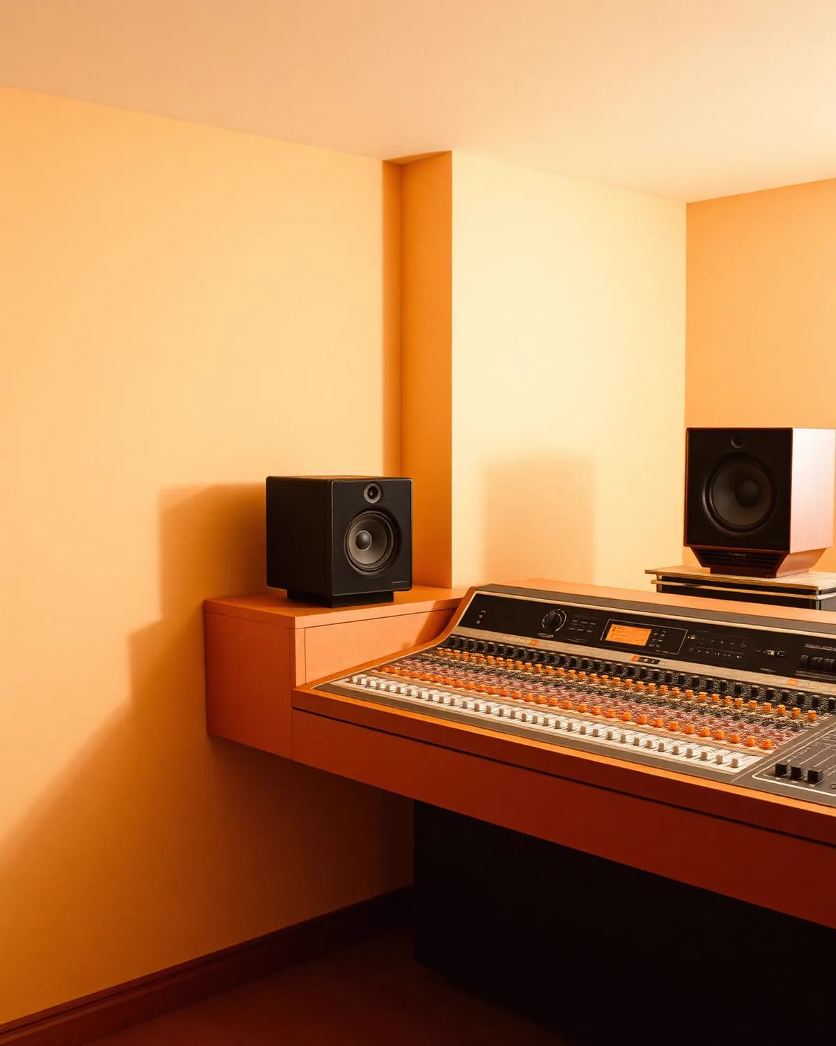 Warm-lit retro studio with mixing console and vinyl